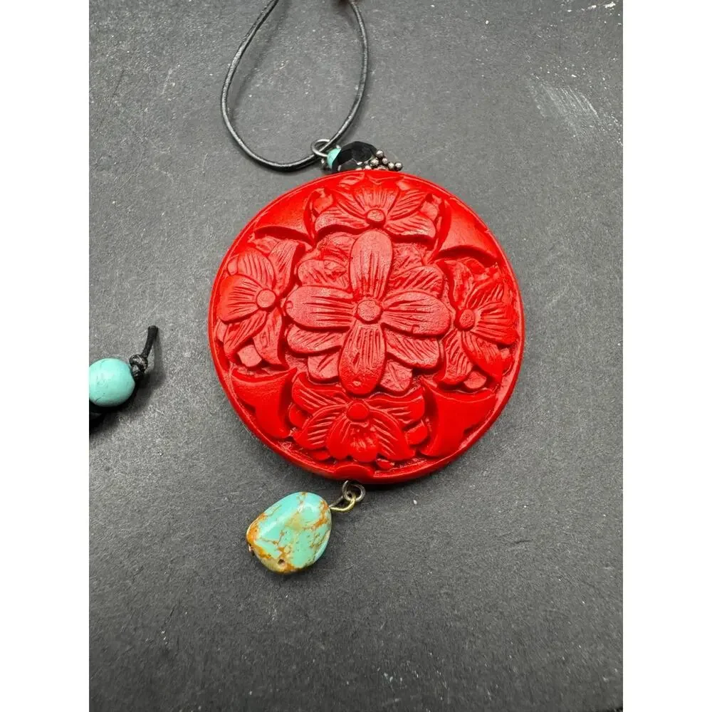 Vintage Red Carved Chinese Cinnabar Pendant Turquoise Glass Bead Necklace